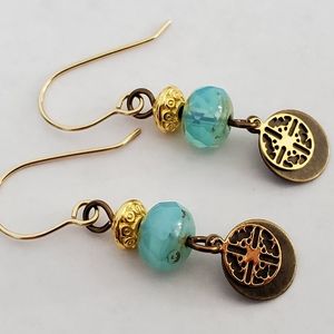Aqua Glass Gold Filigree Bronze and Brass Earrings